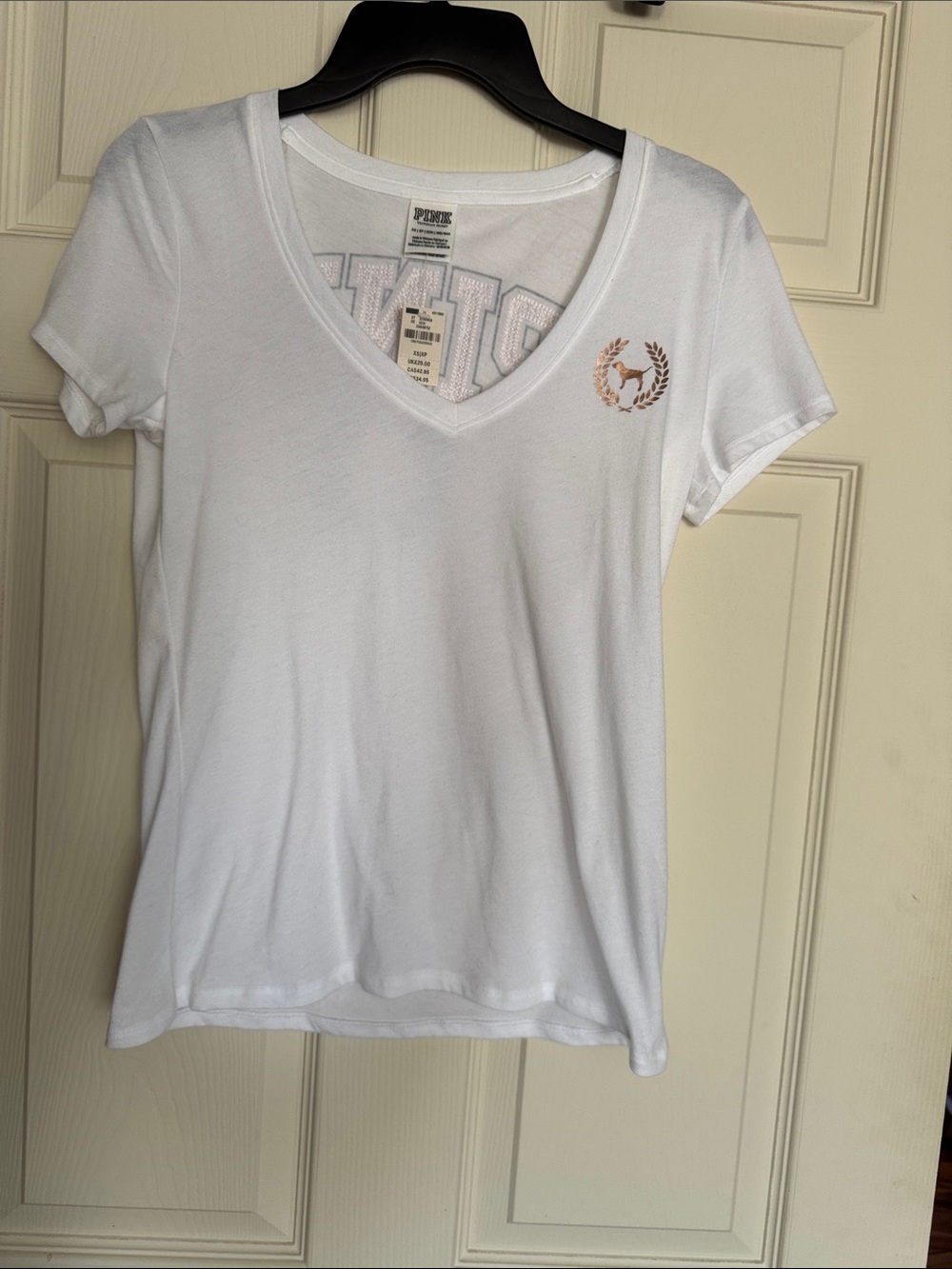 PINK Victoria's Secret White V-Neck Tee with Rose Gold Crest